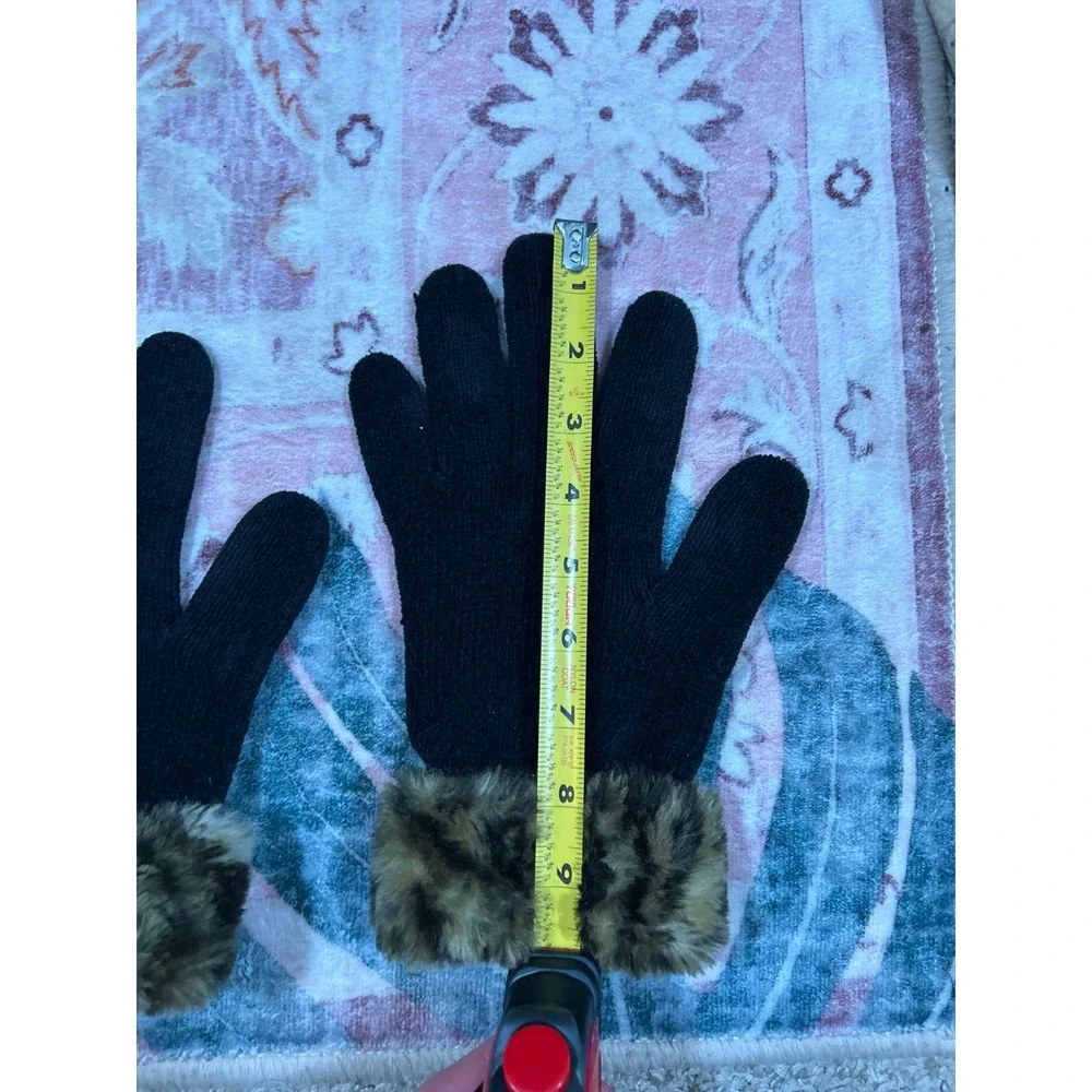 Vintage Womens Black‎ Knit Gloves Leopard Faux Fur Trim Winter Warm Fashion